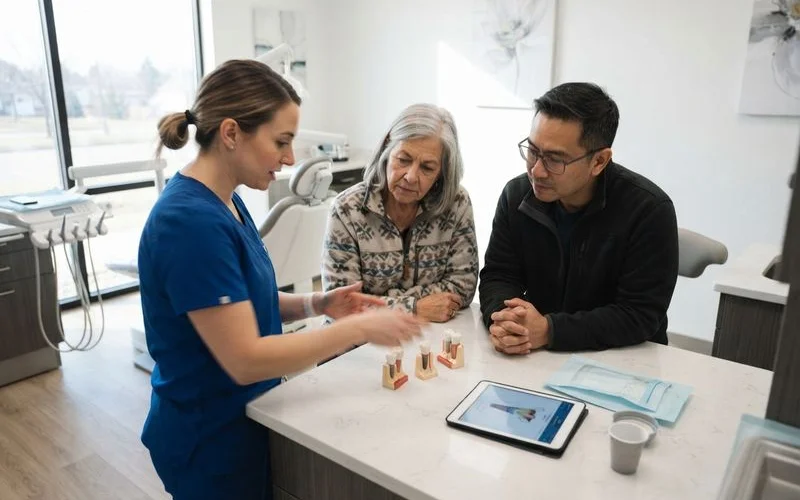 Adult child sitting beside an older parent during a dental consultation, both looking at a treatment plan with a dentist across the desk