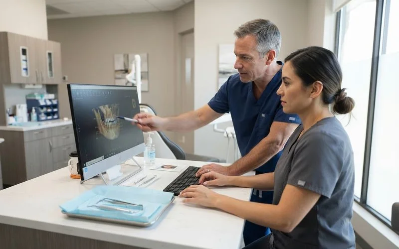 Dental surgeon pointing to a jaw scan on a monitor showing an area of the upper jaw being evaluated for bone graft or sinus lift before implant placement