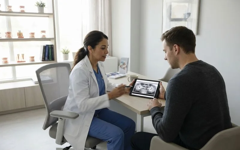 Patient and dentist reviewing a printed treatment plan together at a consultation desk, dental imaging displayed on a monitor nearby