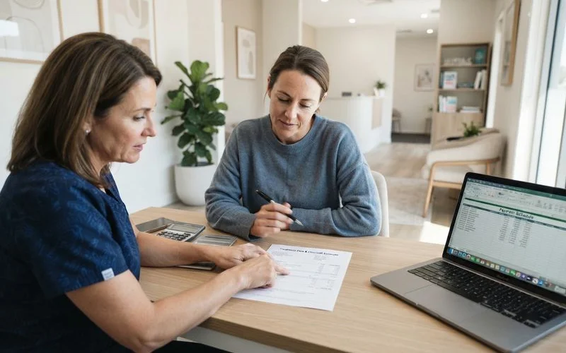 Patient reviewing a payment plan document with a dental office coordinator at a front desk, calculator and paperwork visible on the counter