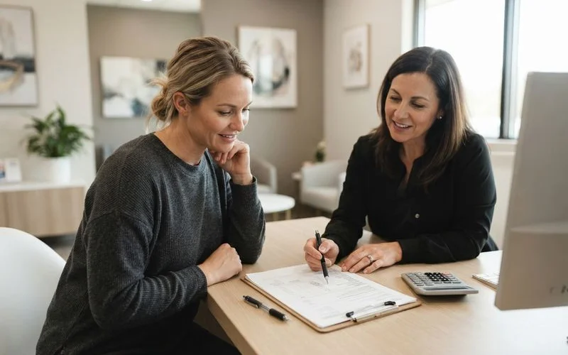 Dental treatment coordinator reviewing an itemized cost estimate with a patient at a front desk, pointing to line items on a printed quote