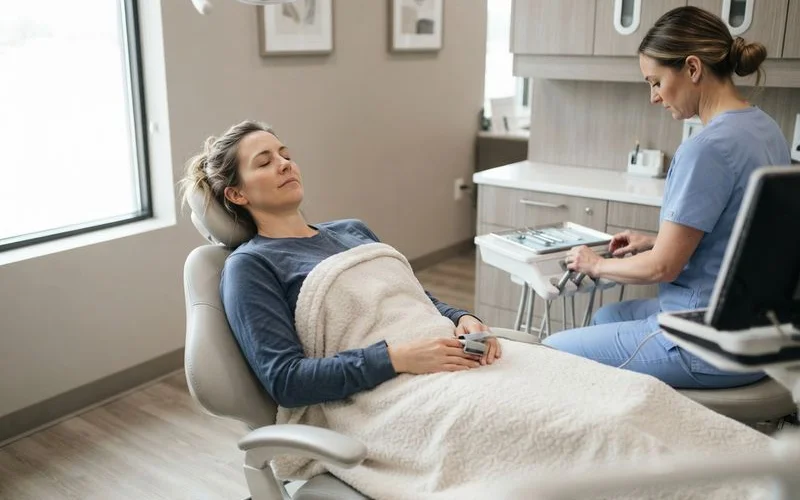 Relaxed patient in a dental chair with a nasal mask in place, dental assistant checking monitoring equipment during a sedation dentistry appointment