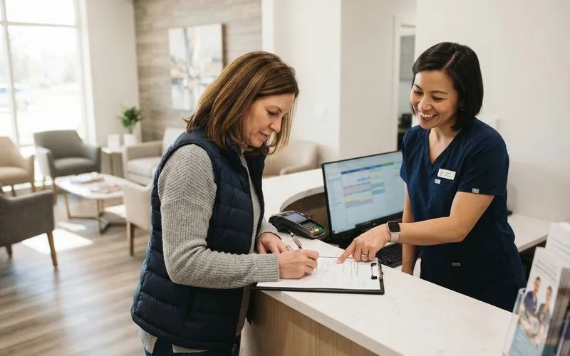 Patient signing a financing agreement for dental implant treatment at a front desk while a staff member points to the payment schedule