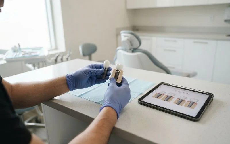 Dental model showing a single missing tooth gap next to a titanium implant post ready for placement, illustrating single-tooth replacement options
